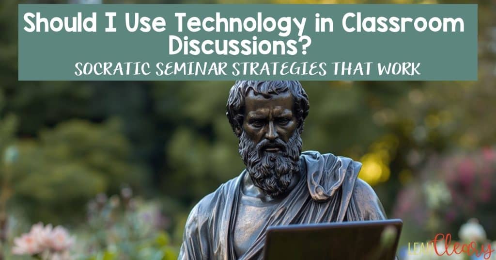 A bronze philosopher statue working on a laptop in a garden setting, representing the intersection of classical Socratic seminar strategies and modern technology in classroom discussions for high school teachers.